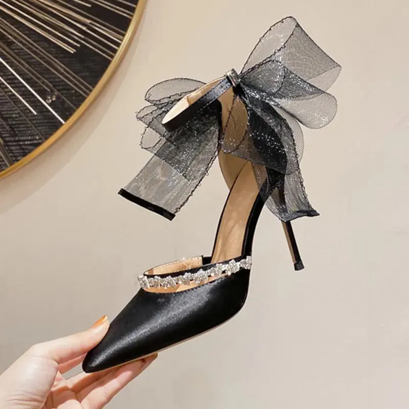 Mesh Big Bow Crystal Satin Heels