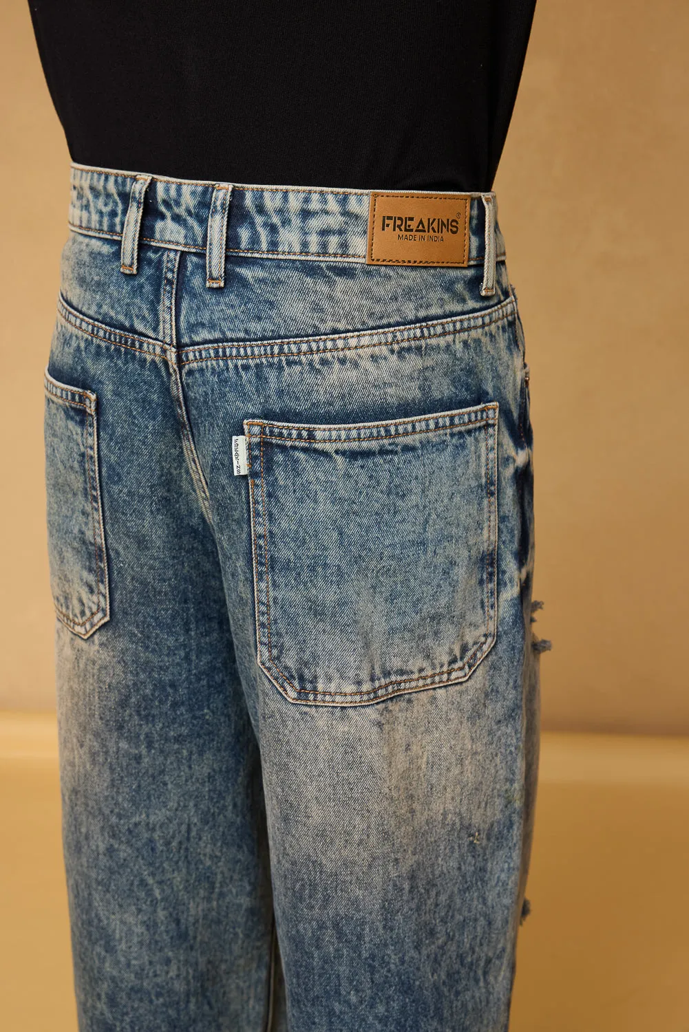 Mid Blue Acid Wash Ripped Men's Wide Leg Jeans