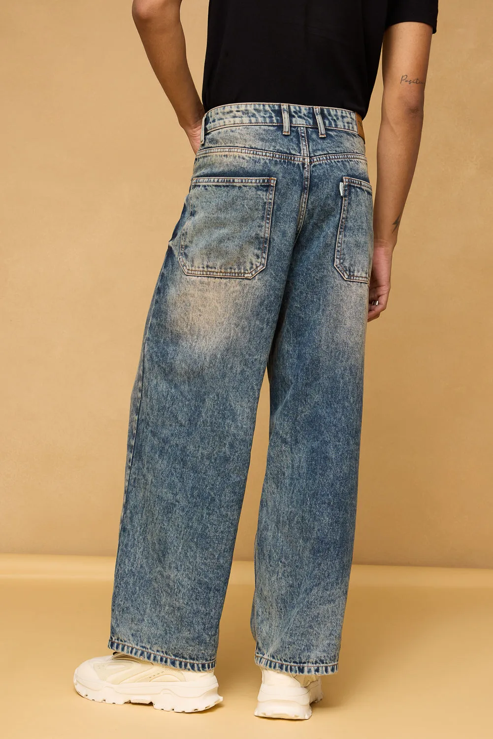 Mid Blue Acid Wash Ripped Men's Wide Leg Jeans