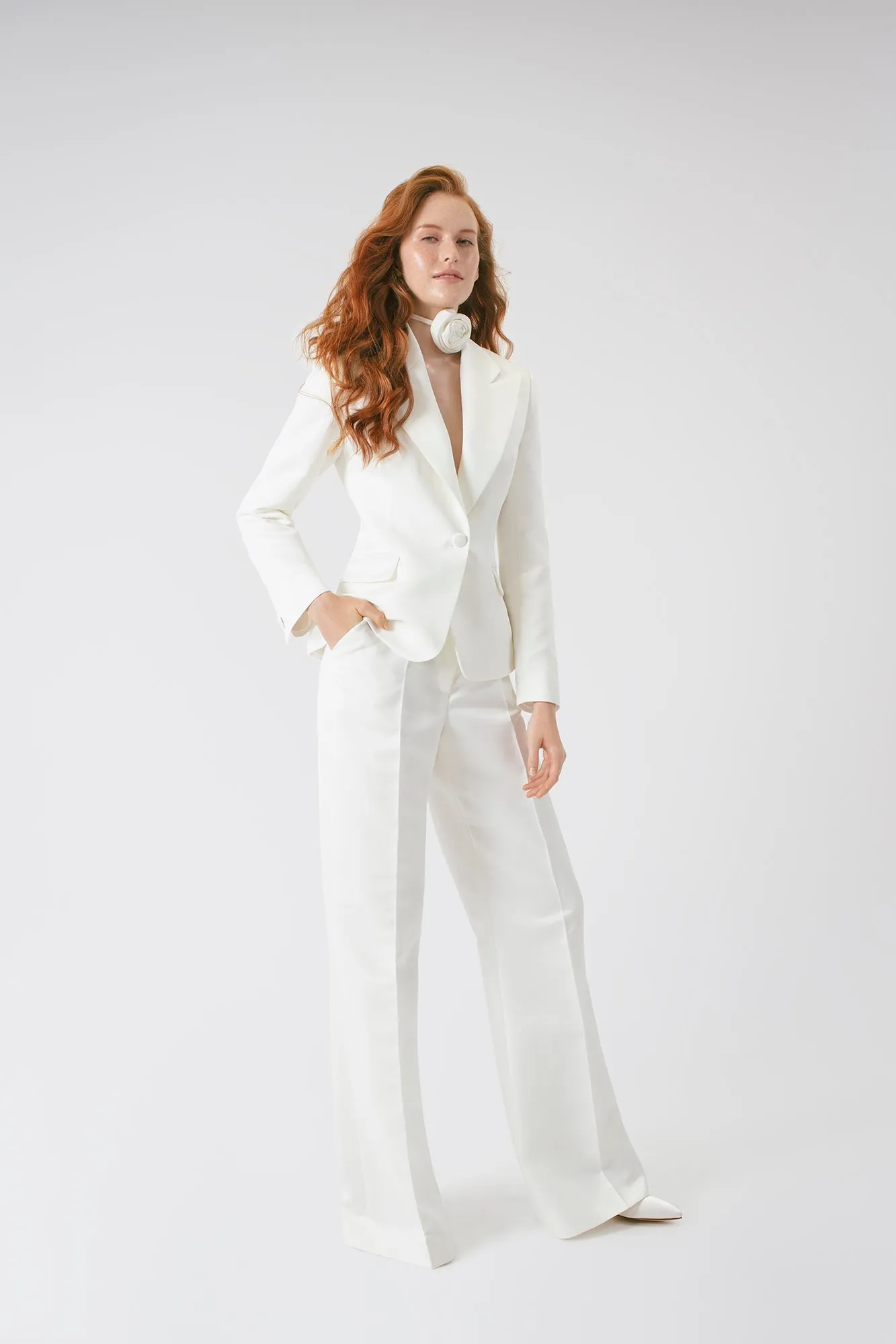 Modern Satin Long Sleeve Two-Piece Pant Suit Wedding Dress