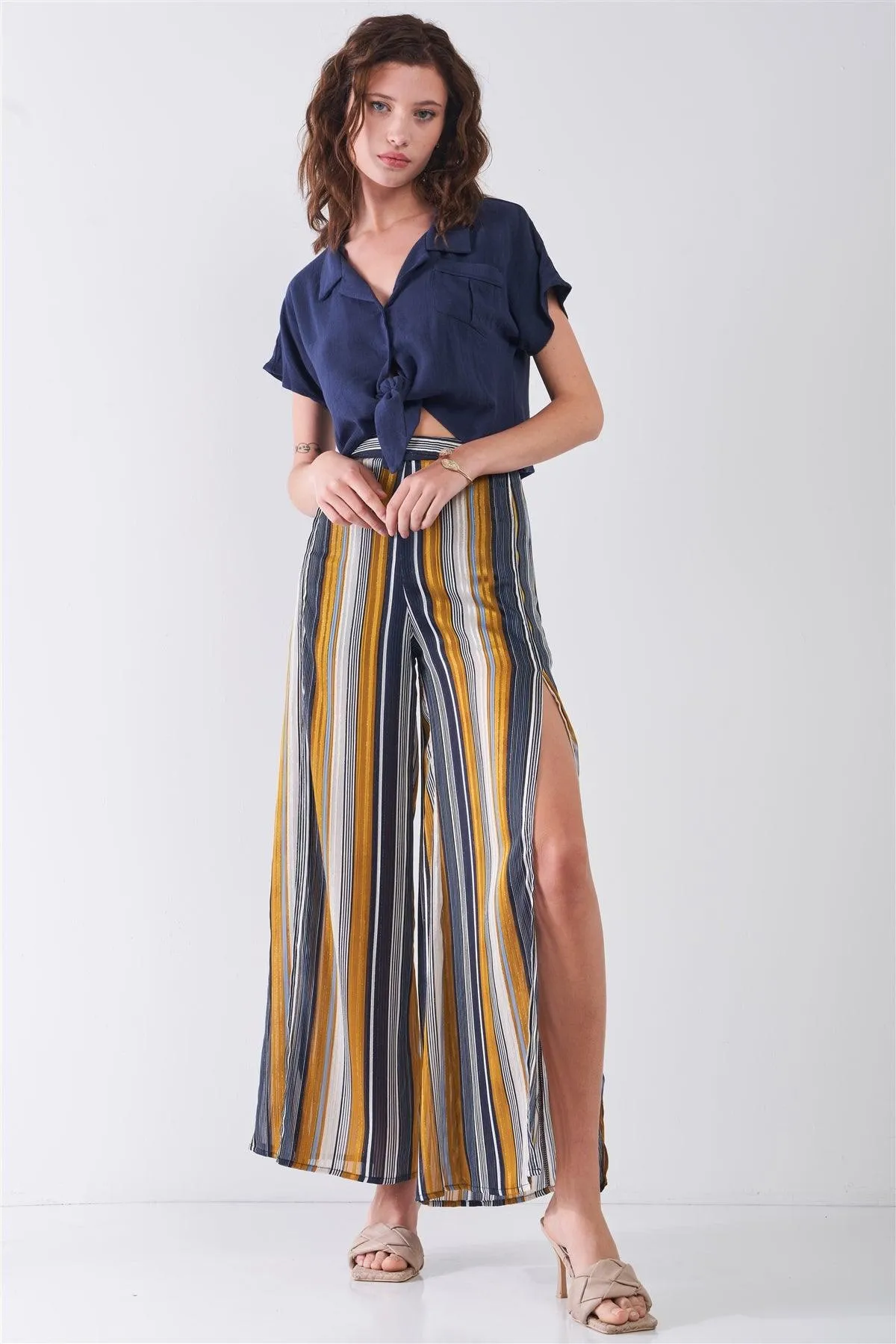 Navy Multicolor Striped Glitter Stitching High Waist Thigh-High Side Slit Detail Wide Leg Pants /3-2-1