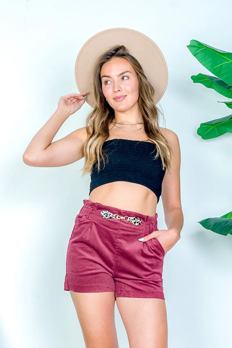 Paperbag Waist Corduroy Mini Shorts with Box Pleat, Leopard Print and Belt Loops (HSP6494)