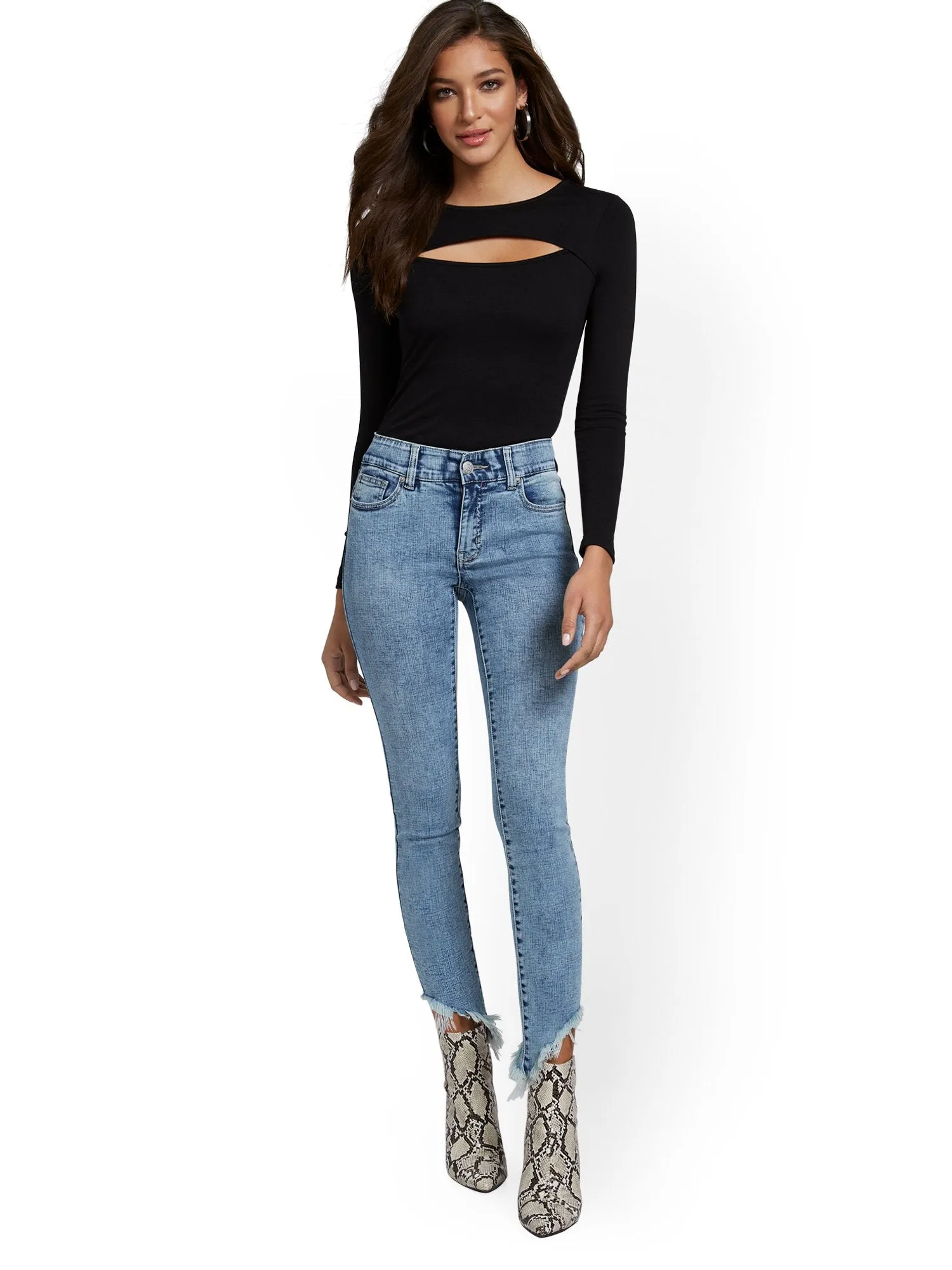 Petite Mya Curvy High-Waisted Sculpting No Gap Super-Skinny Ankle Jeans - Ripped-Hem