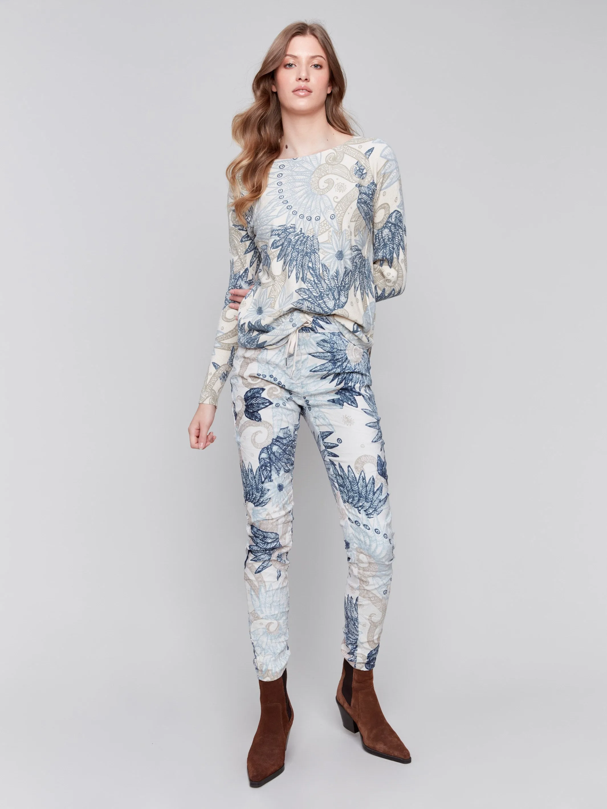 Printed Suede Crinkle Jogger Pants - Feather