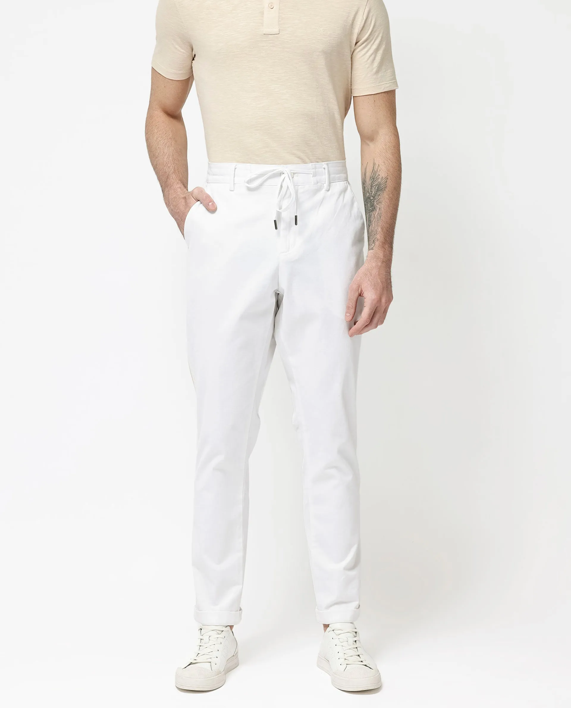 Rare Rabbit Mens Caloon White Cotton Blend Drawstring Closure Regular Fit Solid Trouser