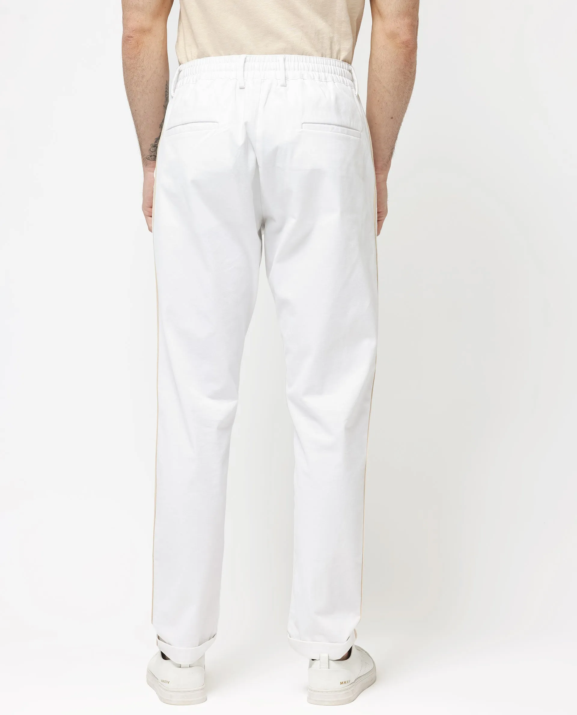 Rare Rabbit Mens Caloon White Cotton Blend Drawstring Closure Regular Fit Solid Trouser