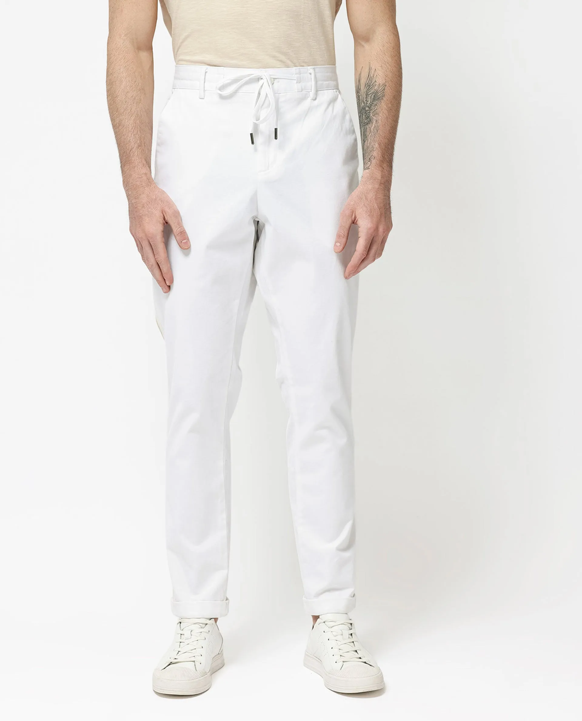 Rare Rabbit Mens Caloon White Cotton Blend Drawstring Closure Regular Fit Solid Trouser