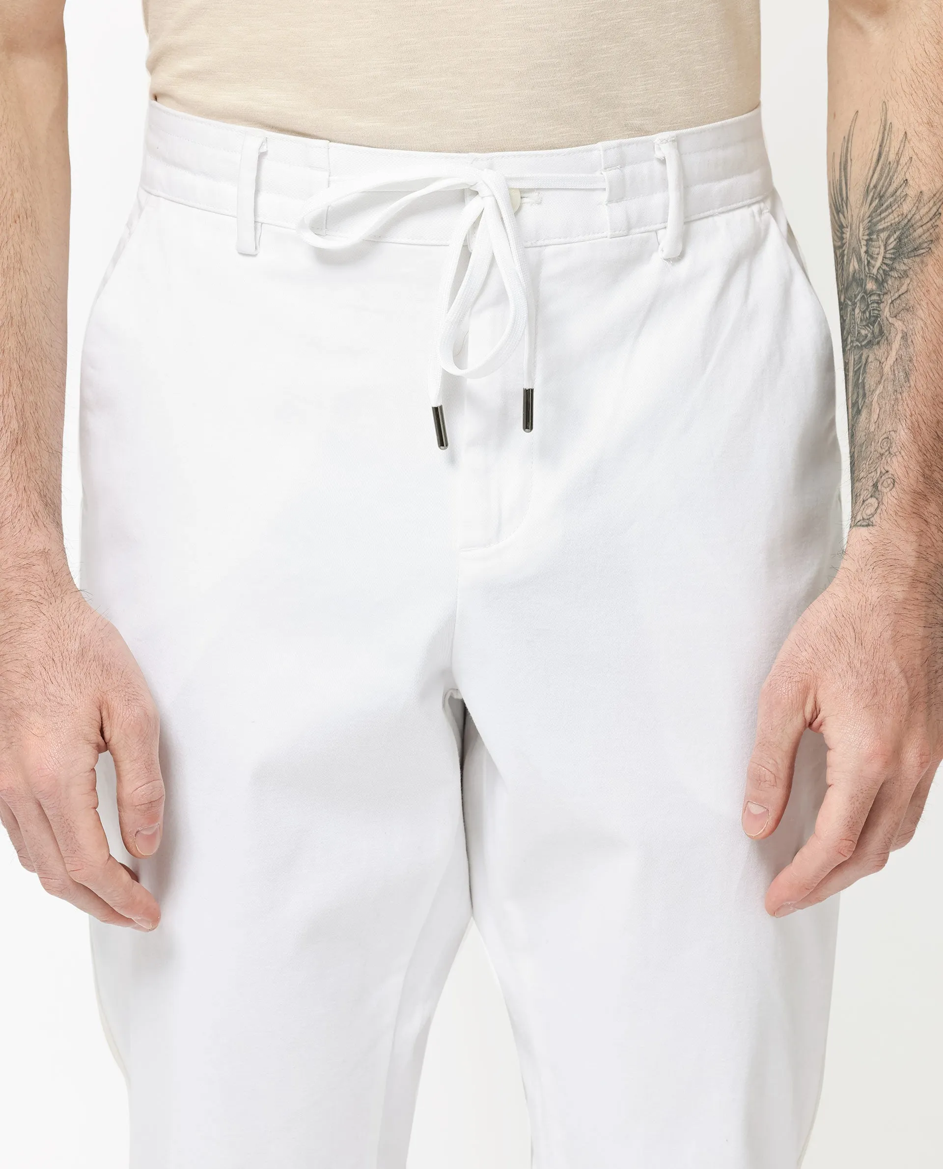 Rare Rabbit Mens Caloon White Cotton Blend Drawstring Closure Regular Fit Solid Trouser