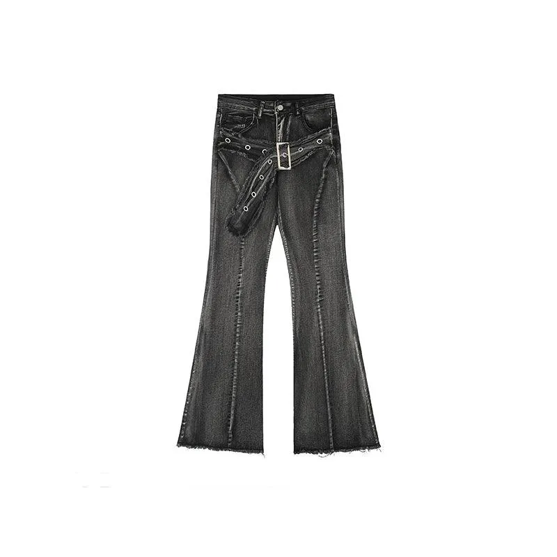 Rayohopp Retro Flared Denim Jeans - Distressed Gray Wash With Detachable Belt And Raw Hem