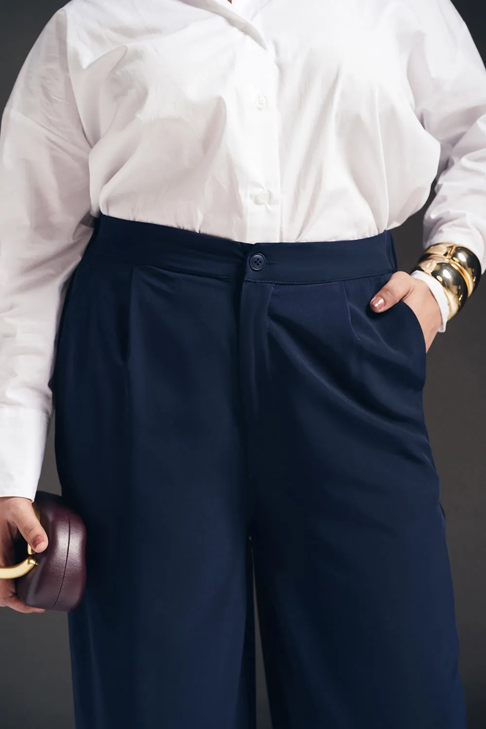 Regal Navy Curve Pleated Straight Fit Korean Pants