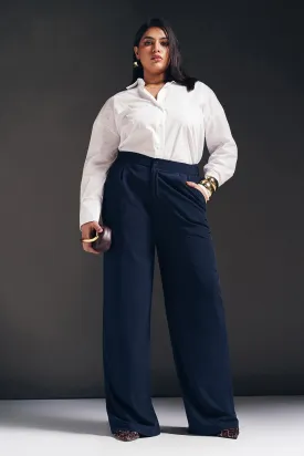 Regal Navy Curve Pleated Straight Fit Korean Pants