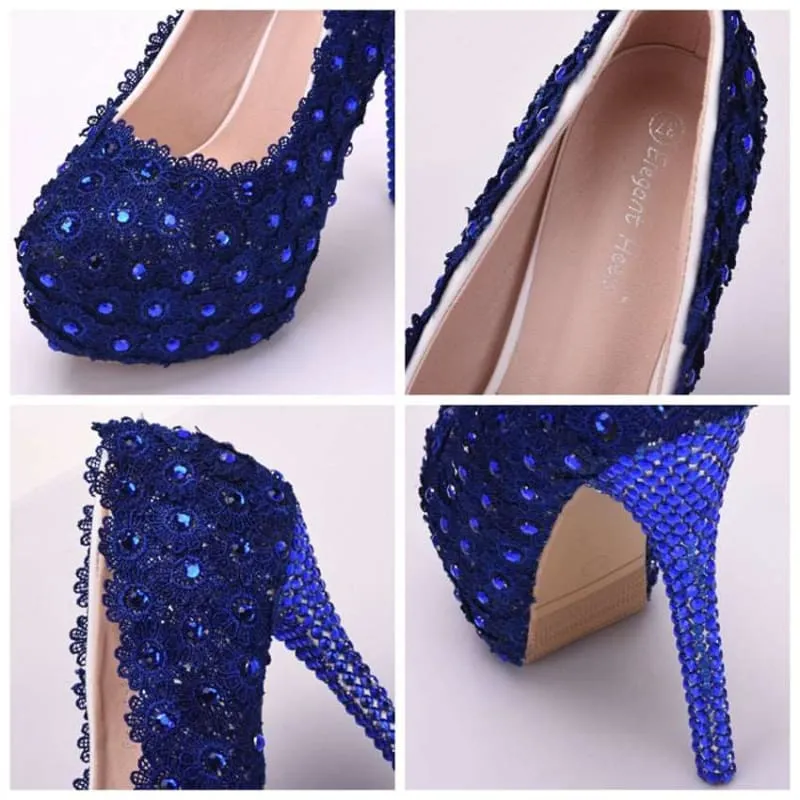 Royal Blue Lace Wedding Shoes with Rhinestones and Sequins