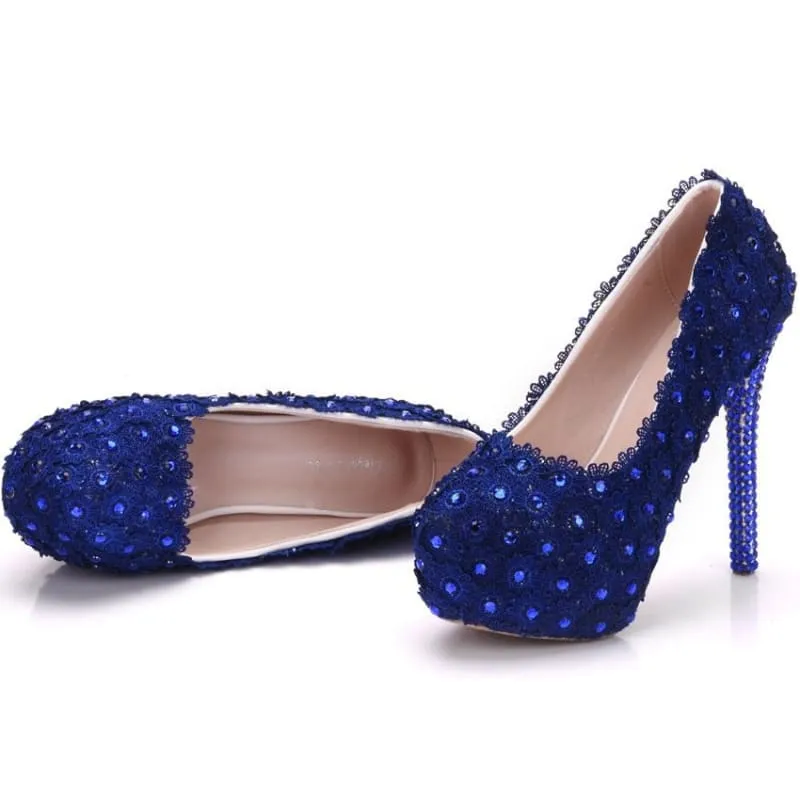 Royal Blue Lace Wedding Shoes with Rhinestones and Sequins