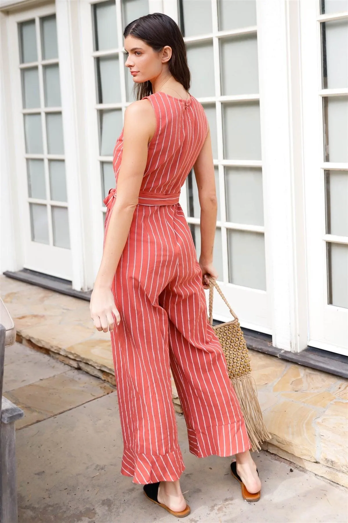 Rust Striped V-Neck Self-Tie Belt Flare Hem Wide Leg Jumpsuit /2-1-2-1