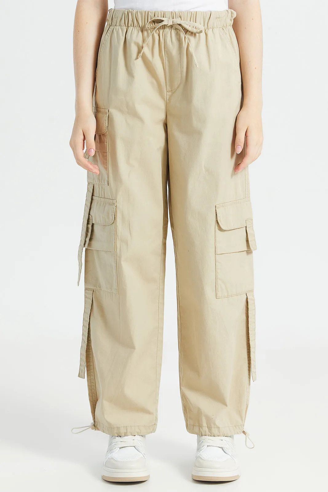 Senior Girls Beige Poplin Cargo Pocket Pants