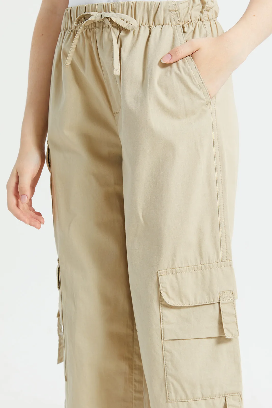 Senior Girls Beige Poplin Cargo Pocket Pants