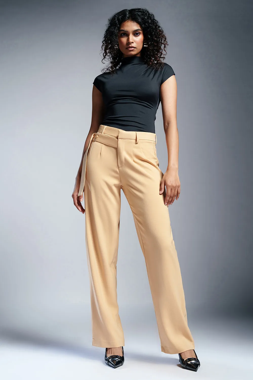 Sunlit Beige Strap Detailed Korean Pants