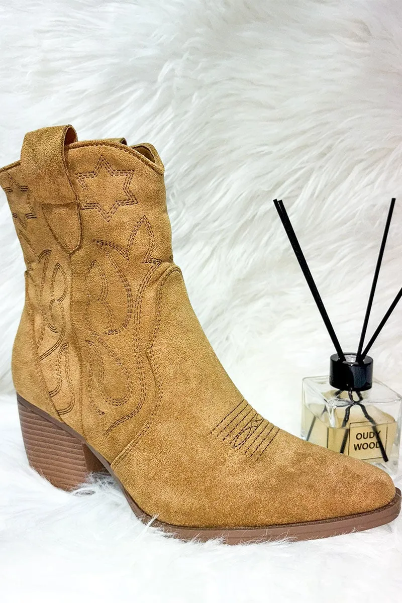 TAN FAUX SUEDE COWBOY ANKLE BOOT