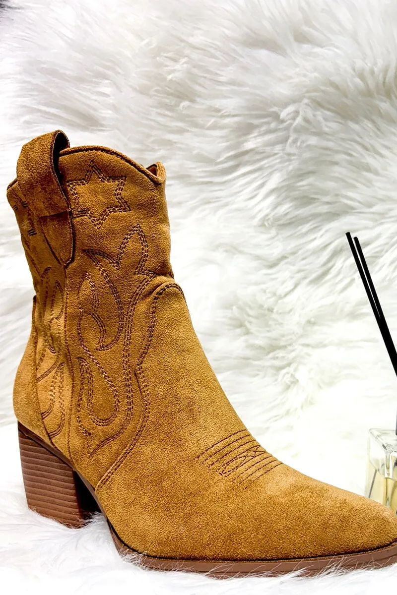 TAN FAUX SUEDE COWBOY ANKLE BOOT