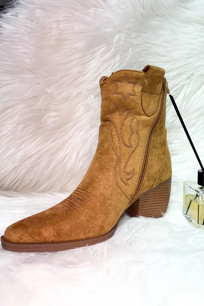 TAN FAUX SUEDE COWBOY ANKLE BOOT