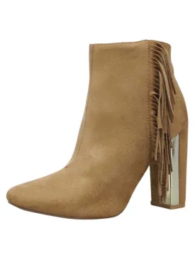 Tan Womens Booties With Stacked Heel & Fringe