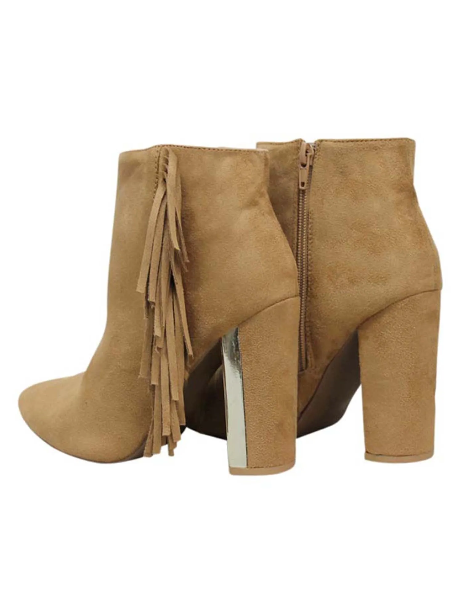 Tan Womens Booties With Stacked Heel & Fringe