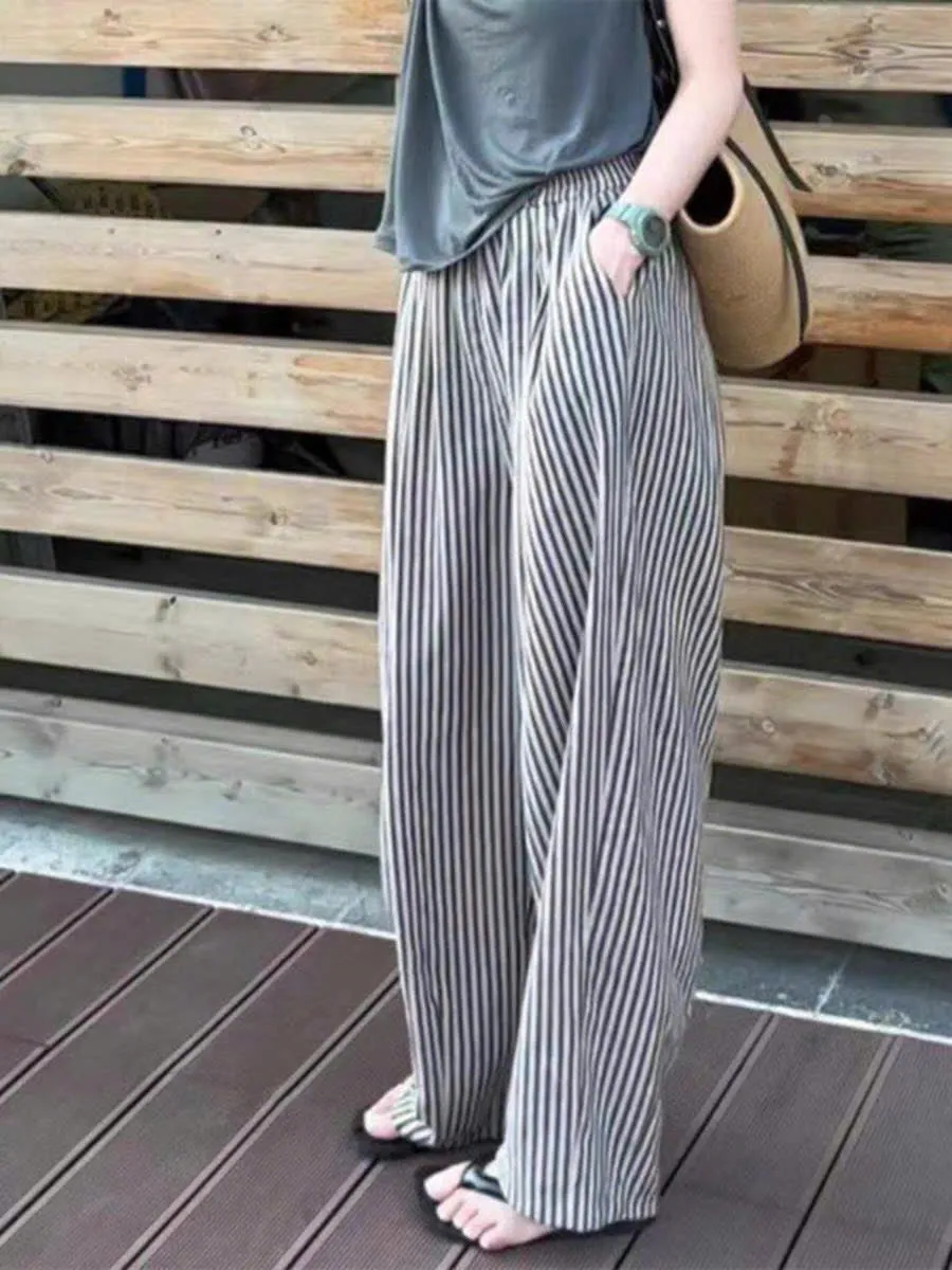 Trendy vertical striped elastic waist wide-leg pants