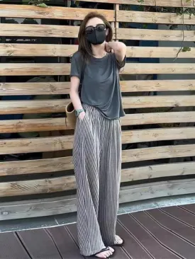 Trendy vertical striped elastic waist wide-leg pants