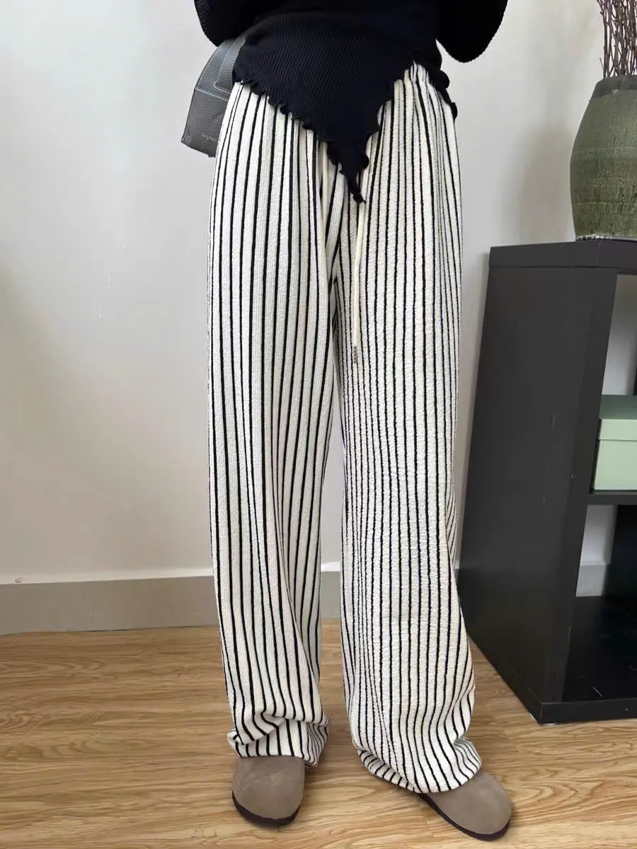 Trendy vertical striped elastic waist wide-leg pants