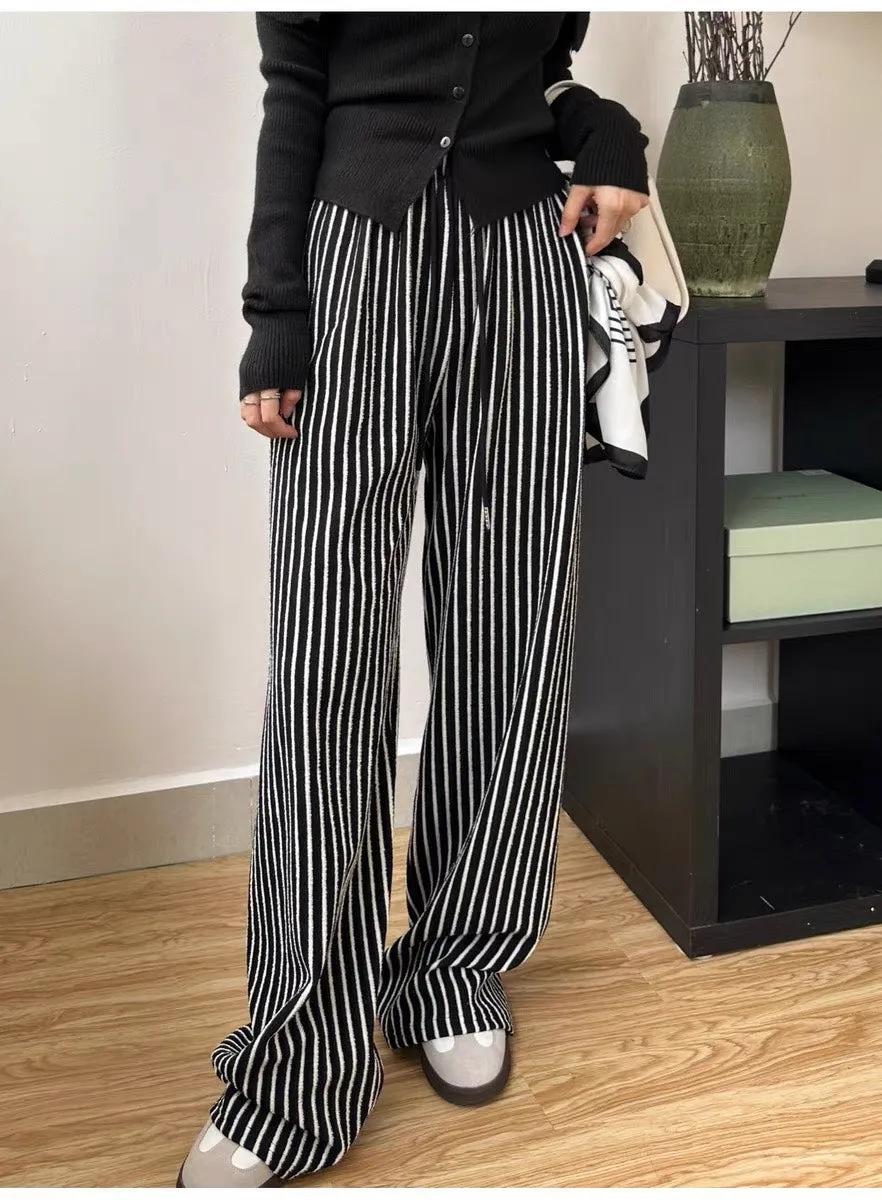 Trendy vertical striped elastic waist wide-leg pants