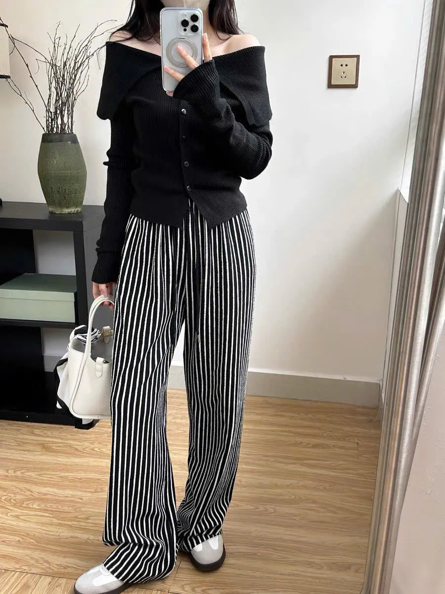 Trendy vertical striped elastic waist wide-leg pants