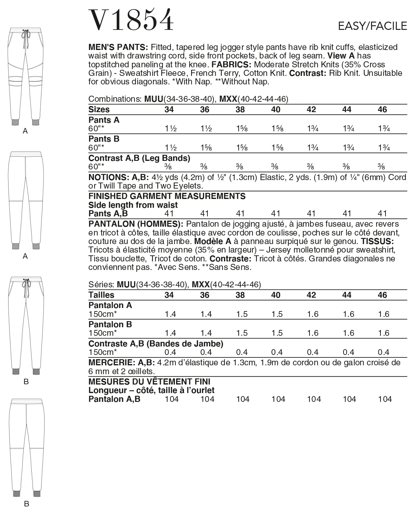 Vogue Pattern V1854 Men's Pants