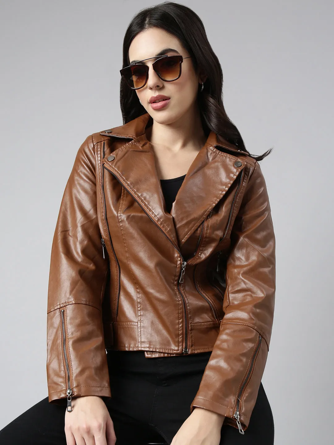 Women Solid Brown Biker Jacket