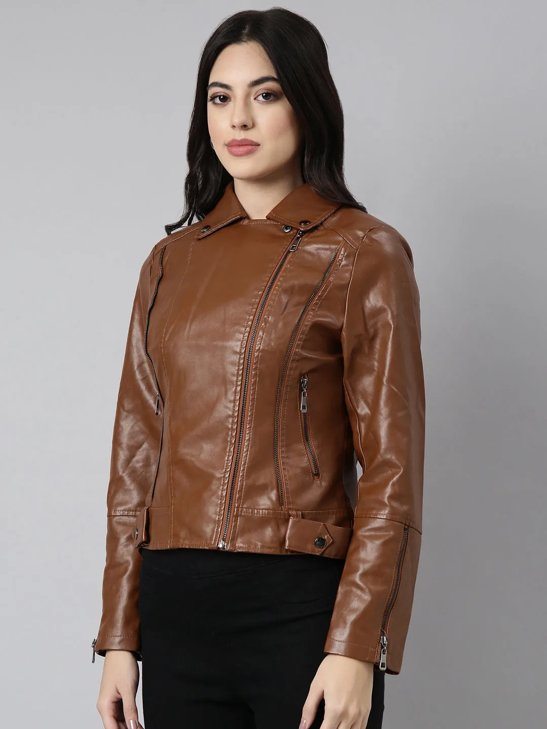 Women Solid Brown Biker Jacket