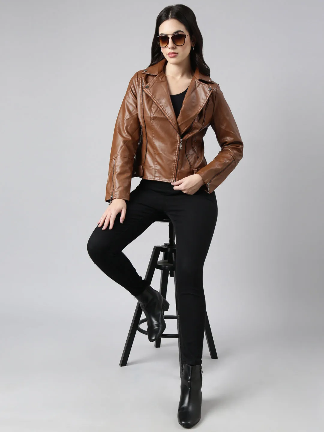 Women Solid Brown Biker Jacket